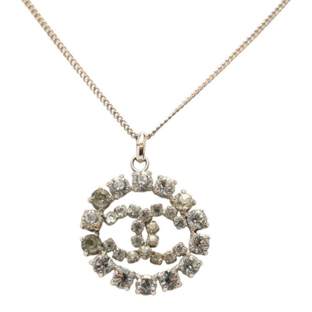 Chanel CC Logo Rhinestone Necklace Silver